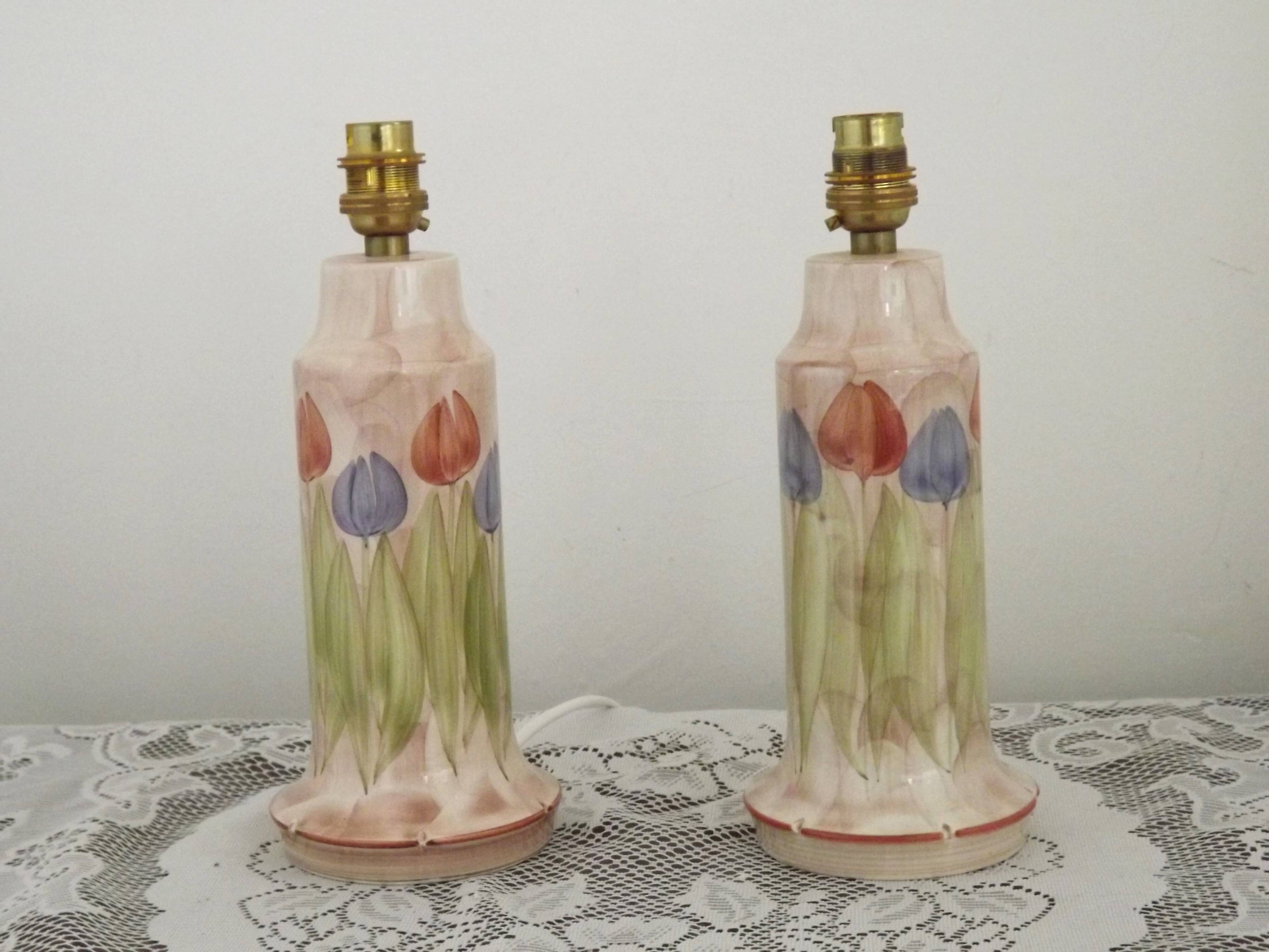 Set of 2 Hand-Painted Jersey Pottery Tulip Design Table / Bedside Lamps