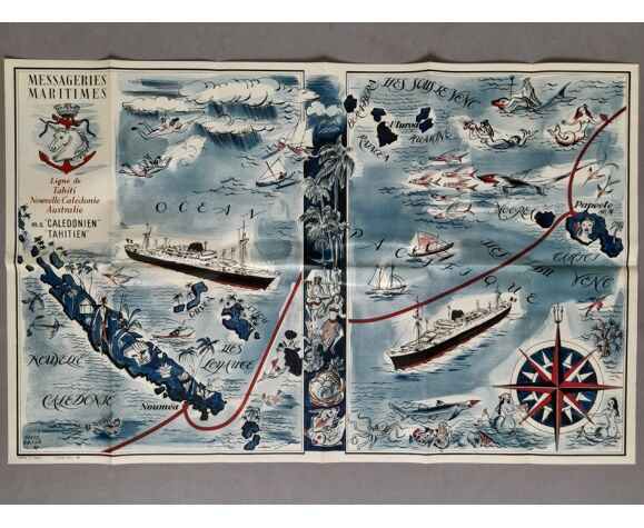 Affiche carte de Nouvelle Calédonie par Hervé Baille 1950's | Selency