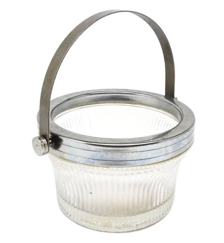 Art Deco sugar bowl, silver-plated brass, pressed glass, Poland, 1950s