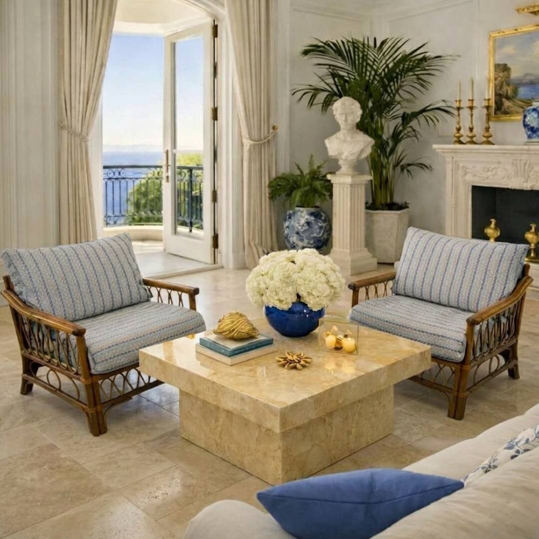 Pair of glacier blue rattan armchairs French Riviera vintage ép