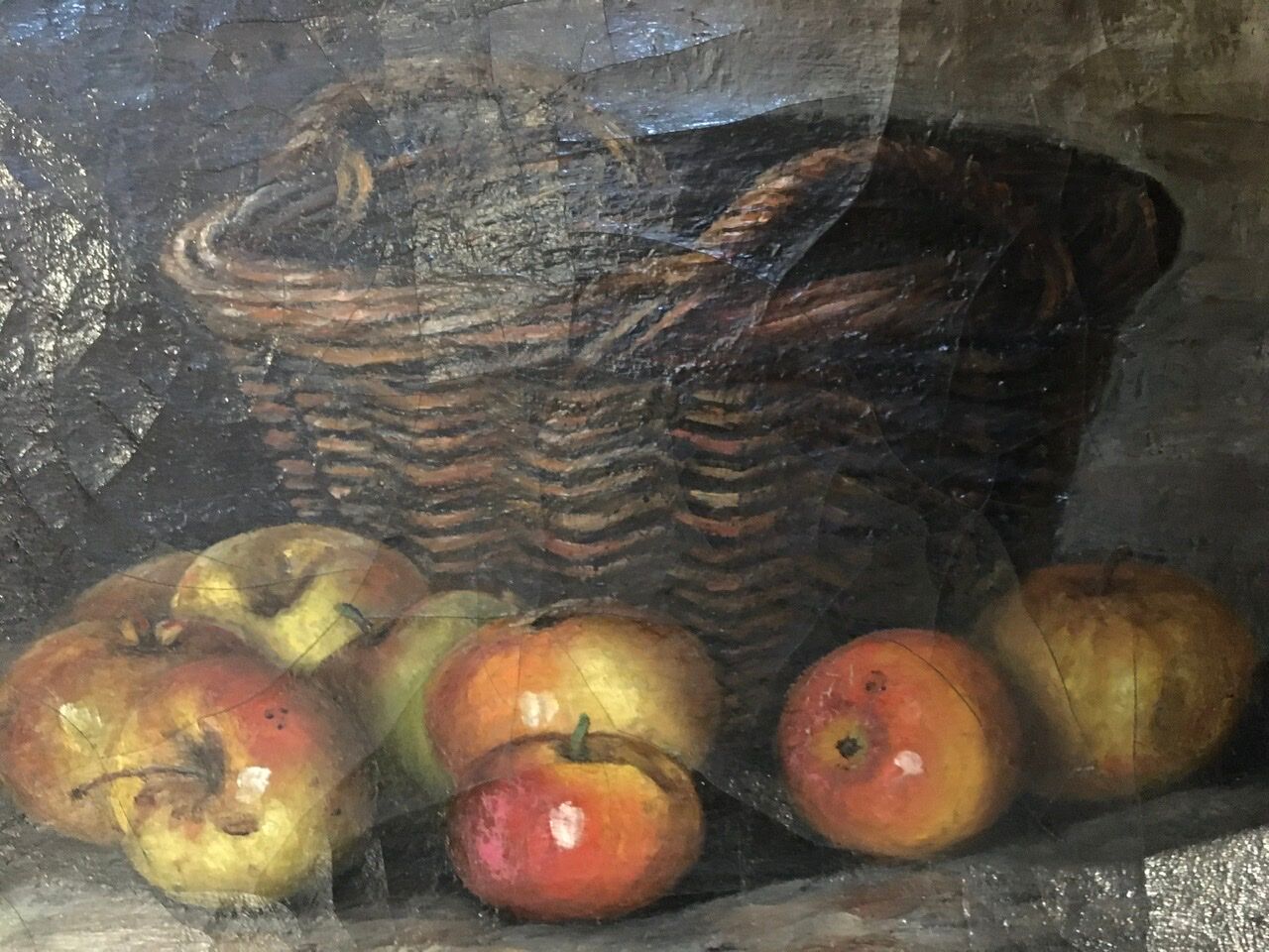 Table still life with apples and basket, signed at the beginning of the 20th century