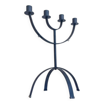 Mid-Century Minimalistic Black Wrought Iron Menorah Candelabra