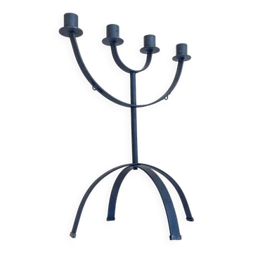 Mid-Century Minimalistic Black Wrought Iron Menorah Candelabra
