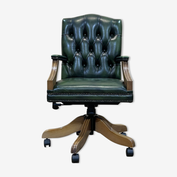 Fauteuil de bureau anglais chesterfield en cuir vert des années 1980