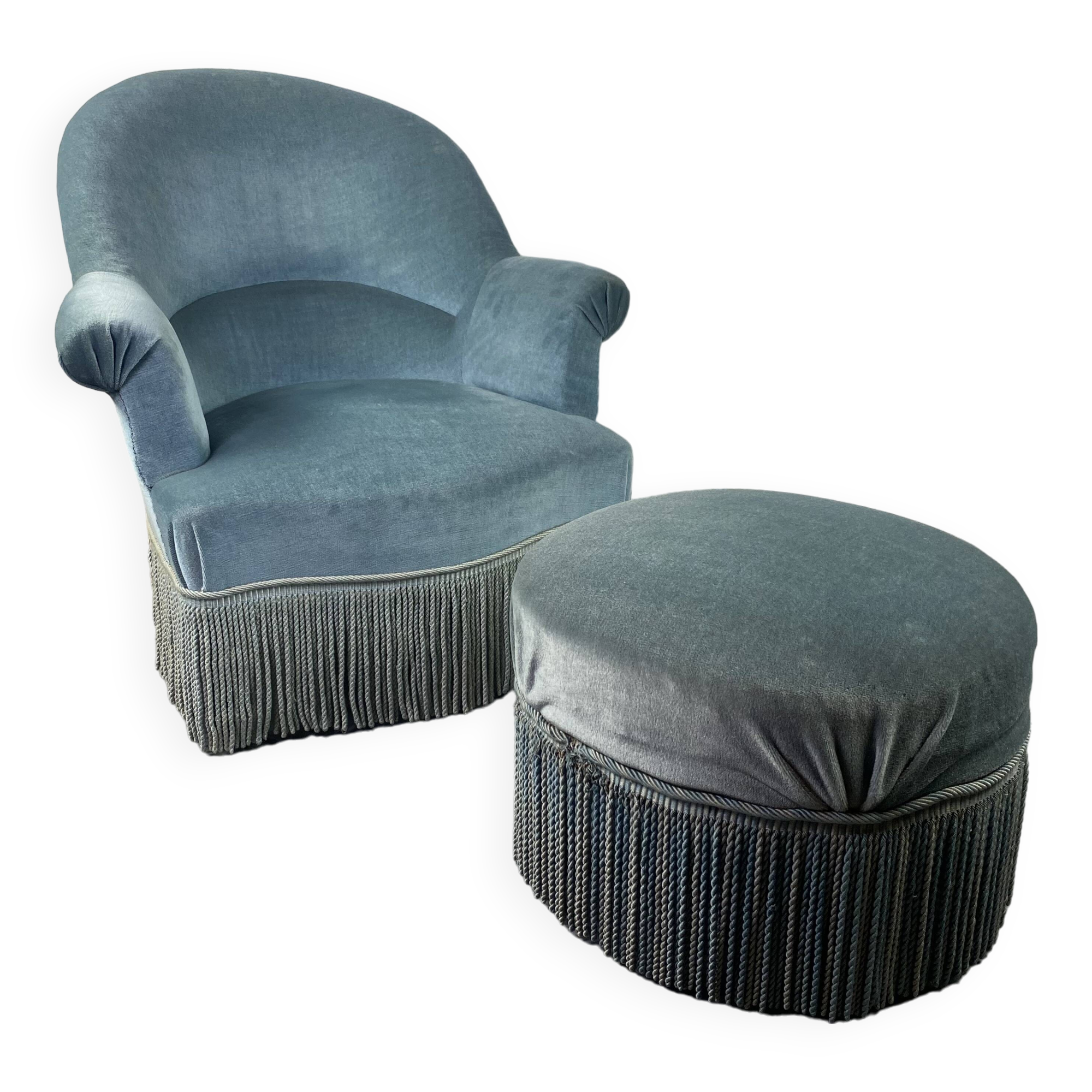 Blue toad armchair and its footrest