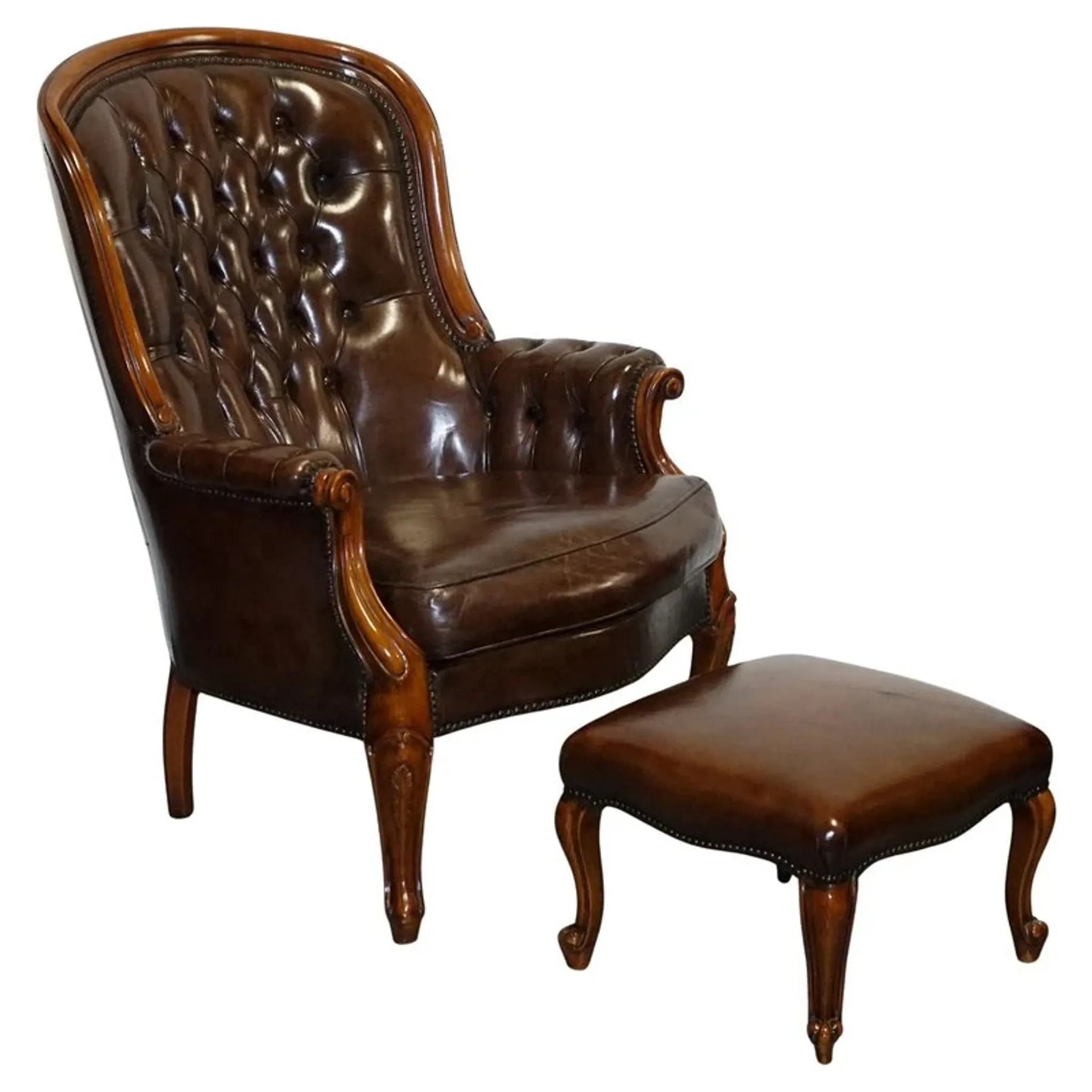 Victorian Chesterfield Leather Dyed Armchair and Ottoman Set