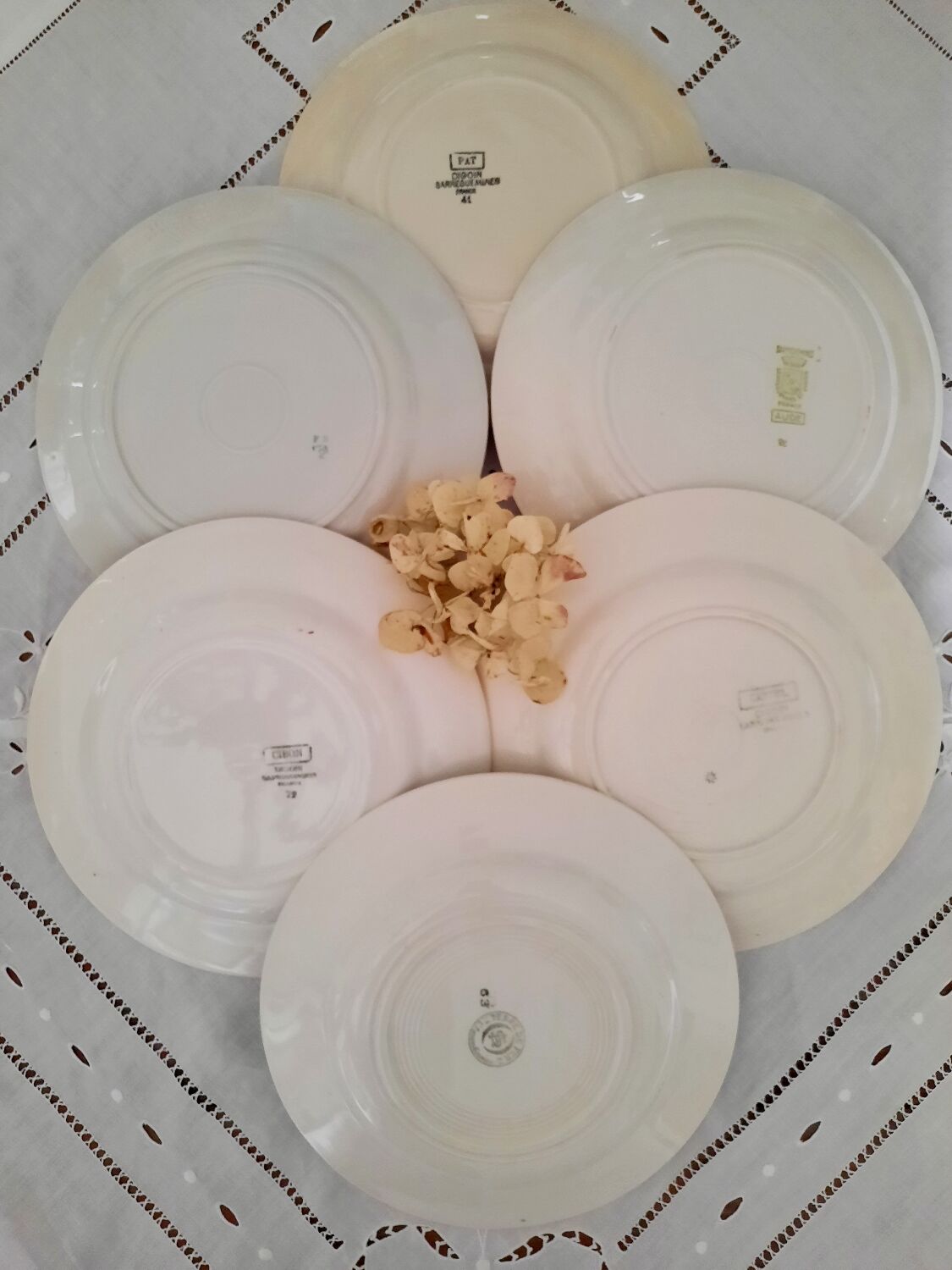 6 old flat plates mismatched in earthenware