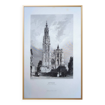 Notre-Dame of Antwerp, old engraving, printed in 1841.