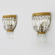 Pair of vintage bronze basket wall lights with glass pendants. The 50's