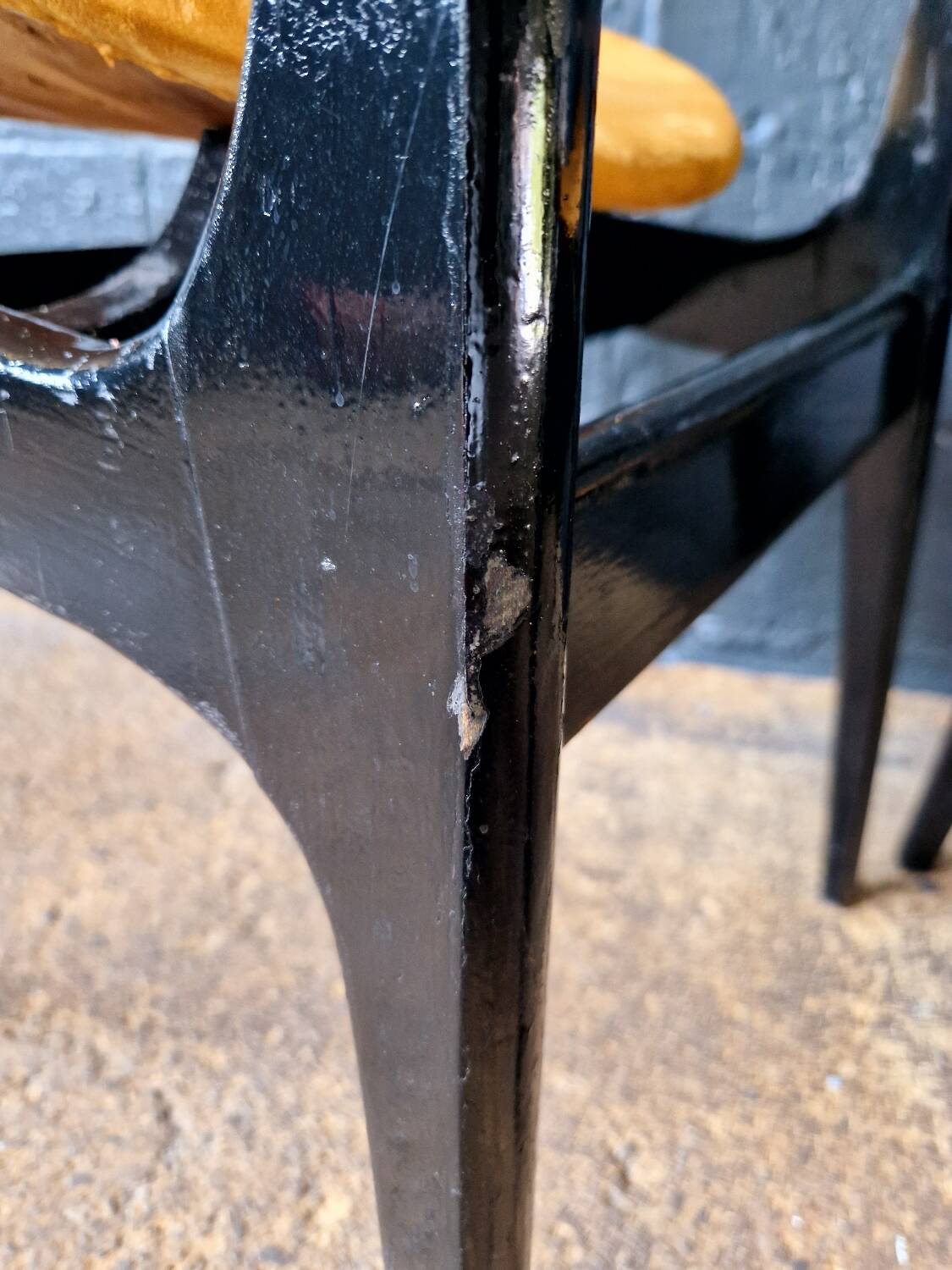 2 vintage chairs in black lacquered wood and yellow/mustard fabric, 1960
