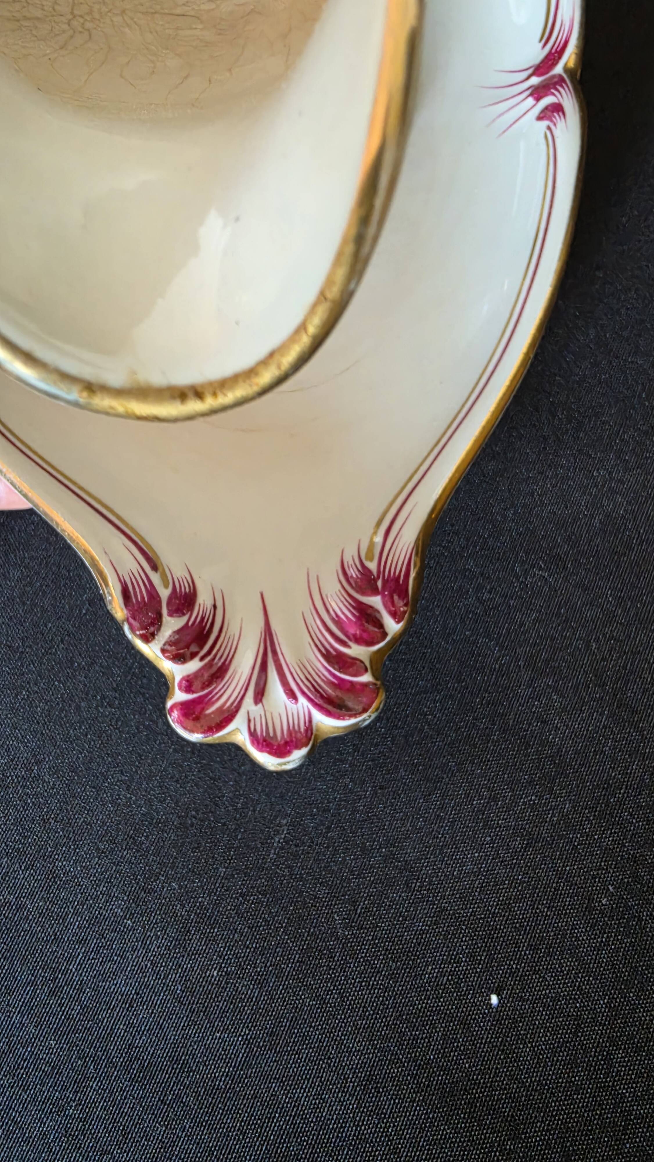 Antique sauce boat in fine earthenware from Sarreguemines, France, neo style.