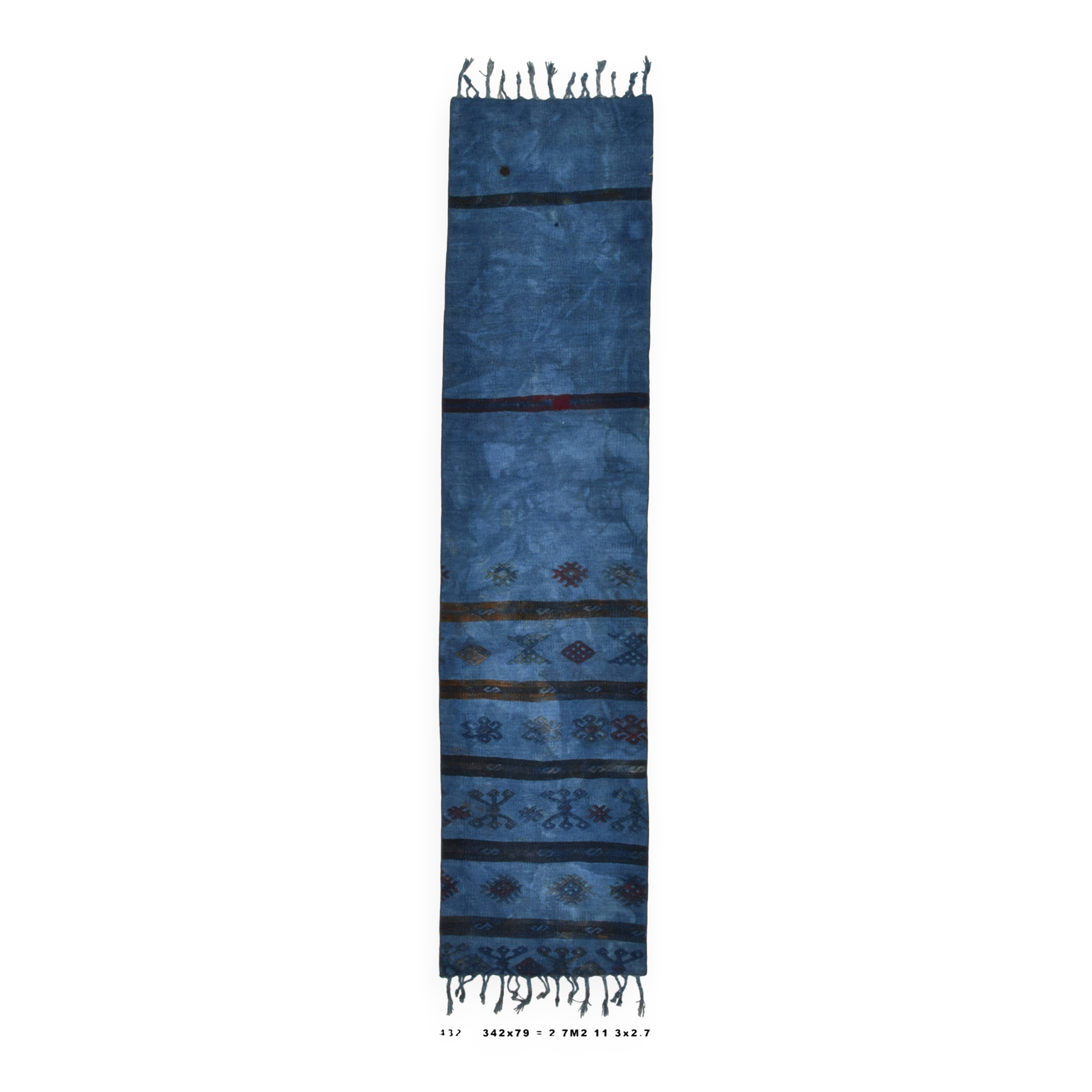 Blue Black Antique Turkish Runner Rug, 79x342Cm