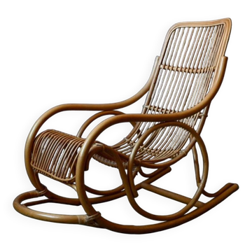 Rocking-chair vintage en rotin années 60-70, dossier haut ajouré