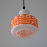 Seventies chandelier in white opaline decorating orange flowers