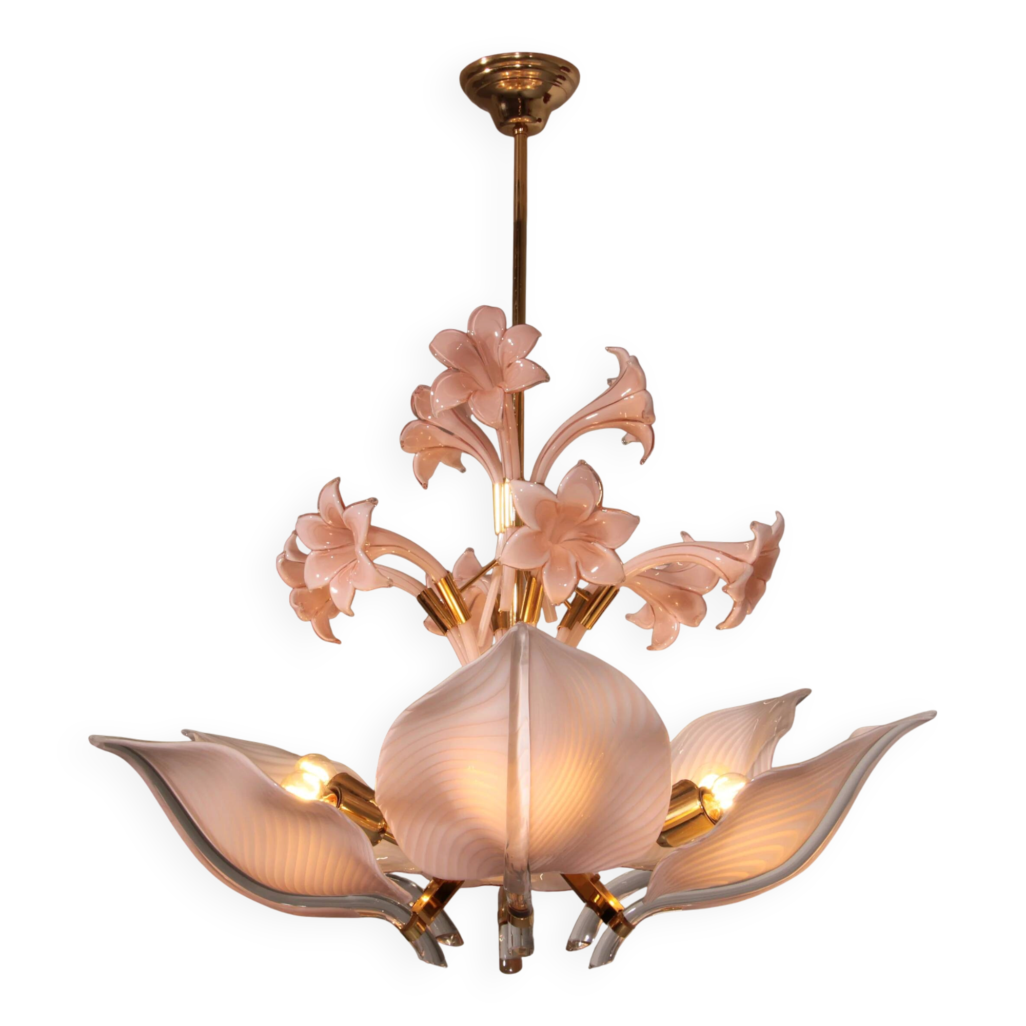 Lys rose, spectaculaire lustre de Murano par Franco Luce, 1970