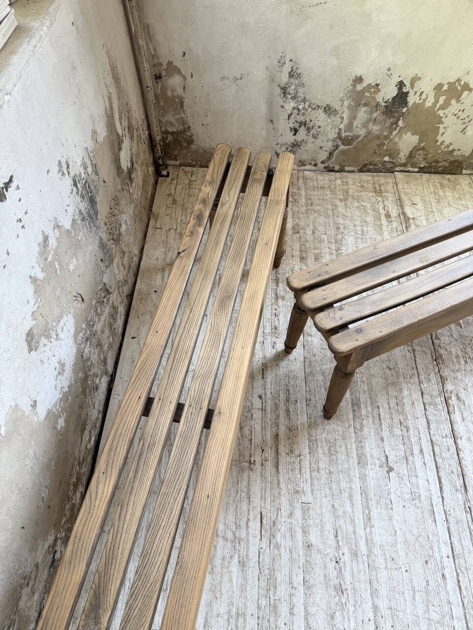 Pair of 1950 benches with oak and beech slats