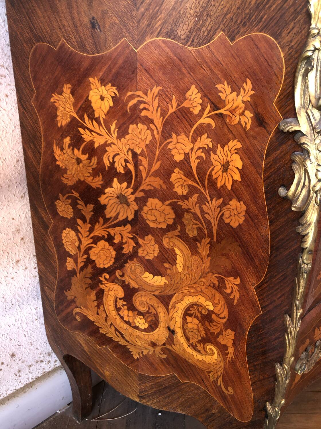 Louis XV style commode – floral marquetry – marble top – gilded bronzes