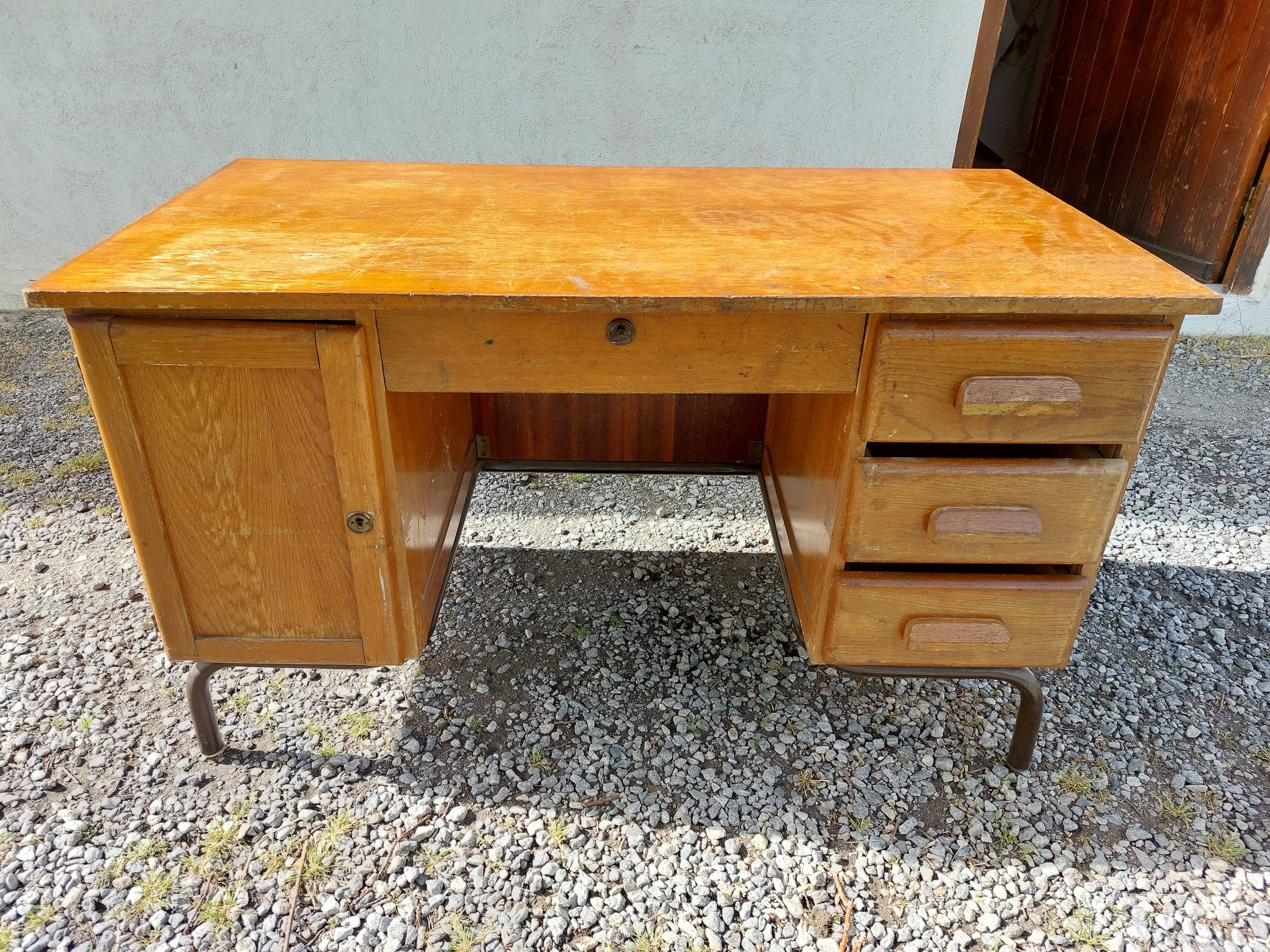 schoolmaster's desk, wood and metal, with drawers and cupboard
