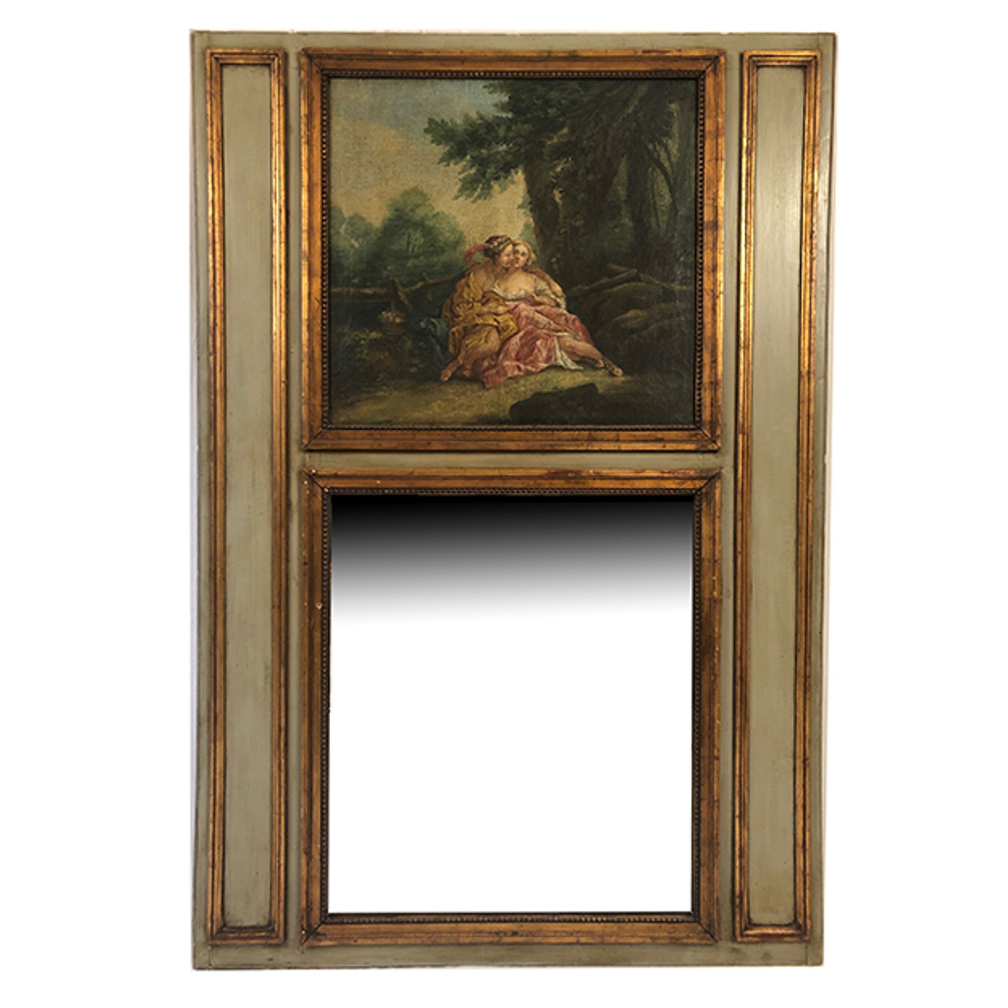 Trumeau in green lacquered wood, gold rechampi Louis XVI style, Nineteenth