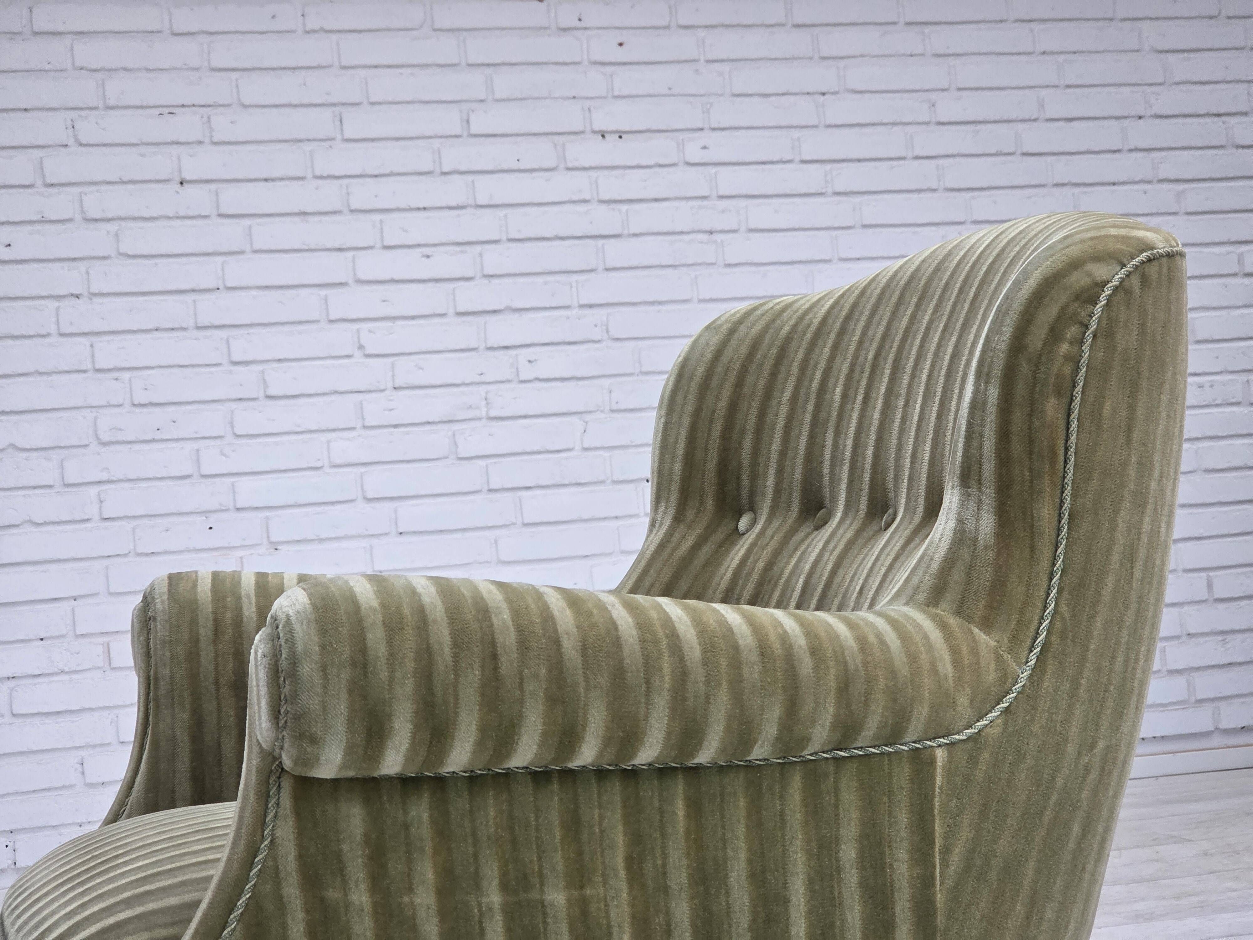 1960s, Danish armchair, original striped furniture velour, beech wood legs.