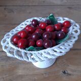 Braided basket of porcelain cherries, Bassano vintage 60s