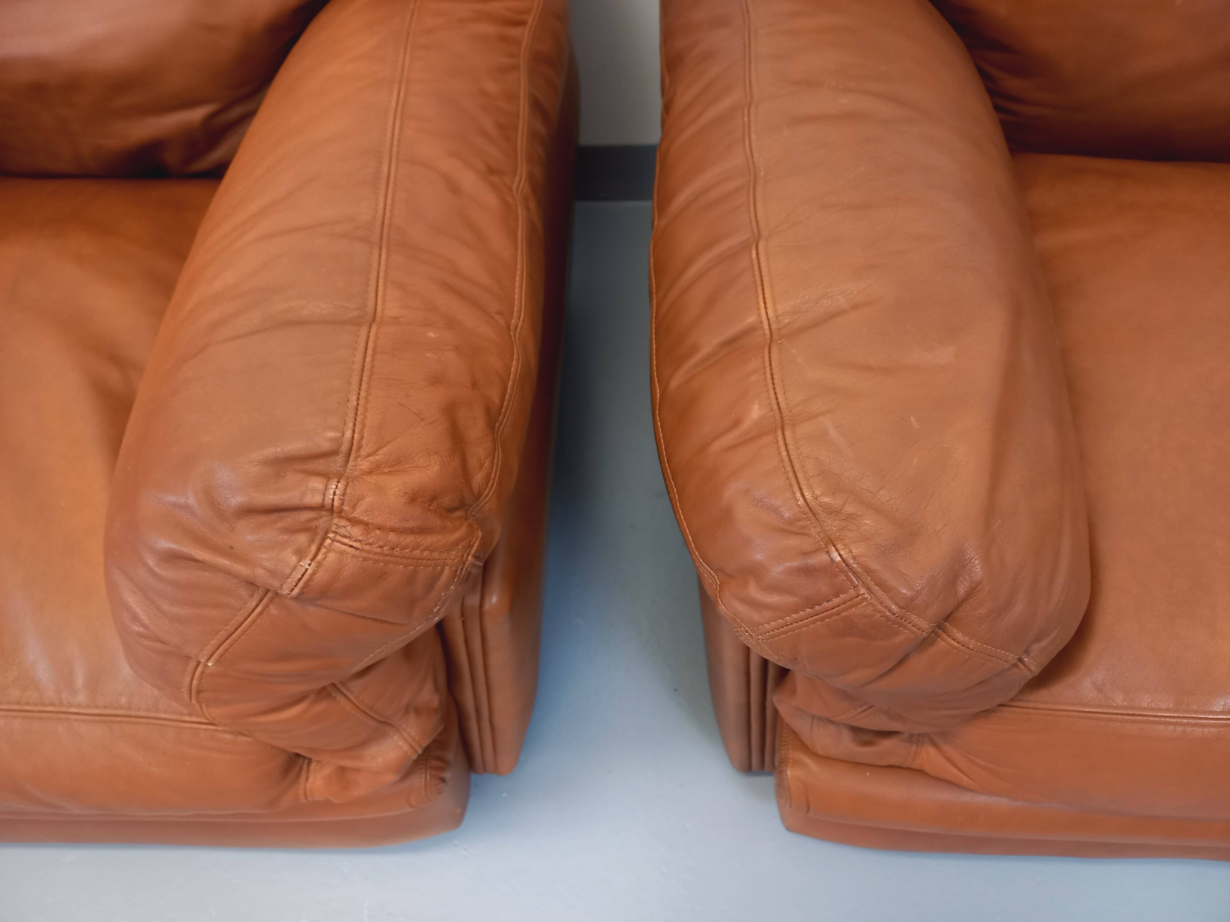 Pair of vintage Coquelicot lounge chairs by Tito Agnoli for Poltrona Frau in leather from the 70s