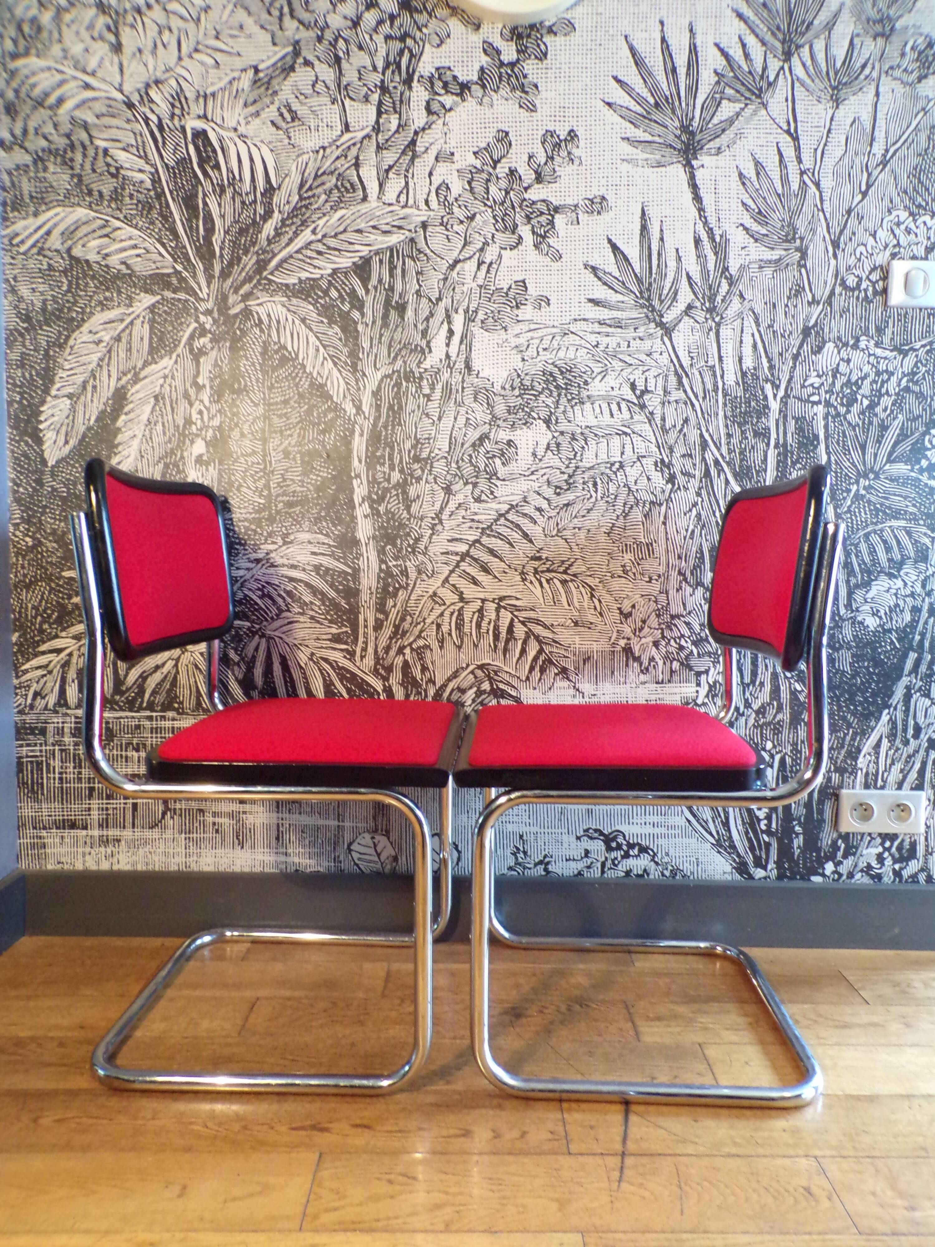Pair of Cesca B32 Marcel Breuer chairs in red fabric
