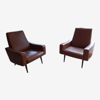 2 fauteuils vintage années 70 skai marron - beka