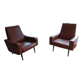 2 fauteuils vintage années 70 skai marron - beka