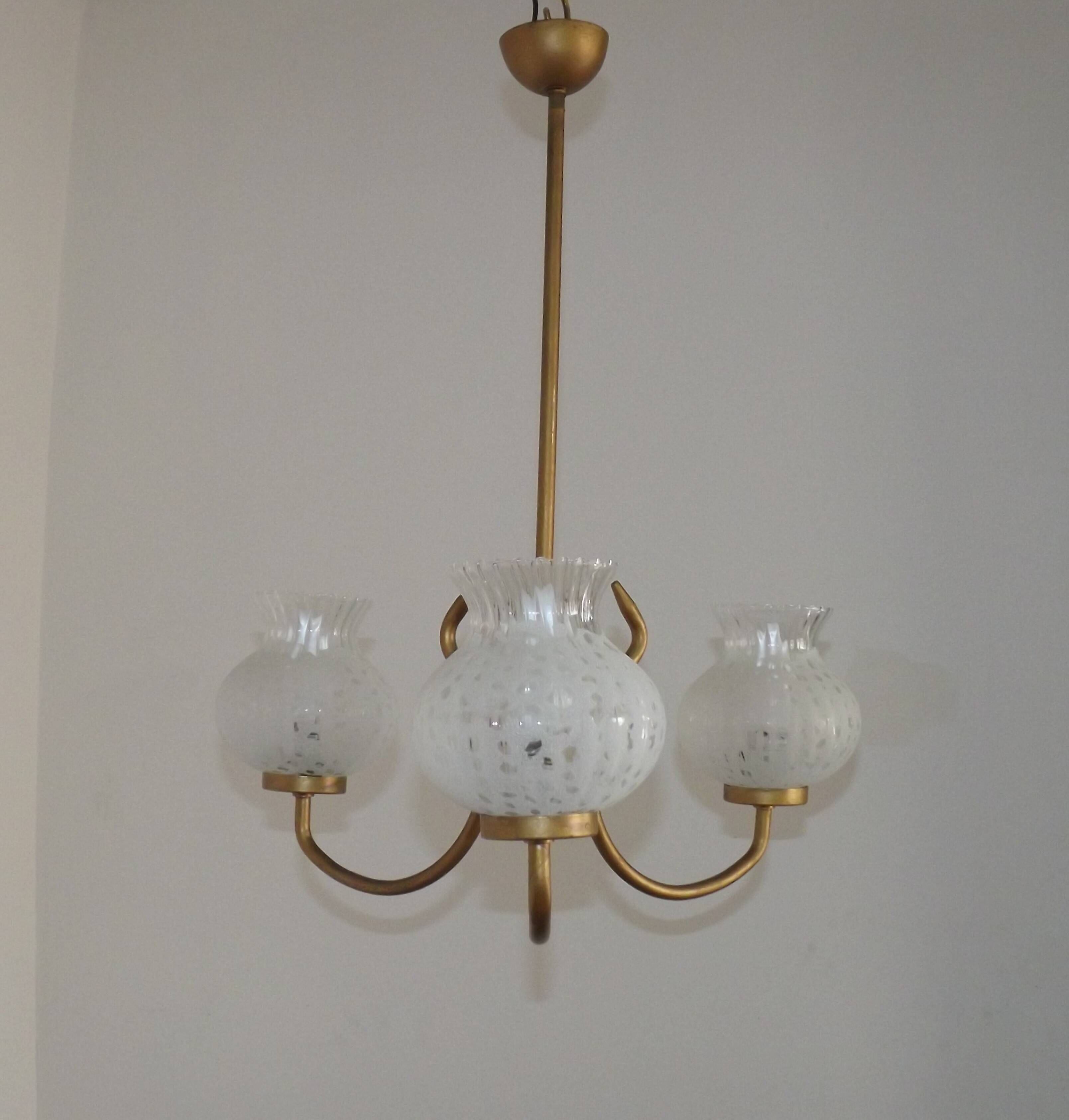 French Mid Century 3 Light Gold Metal Chandelier Textured Glass Shades