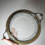 Plateau with handles, moulded glass and brass, Verlys, vintage Art Deco 1930-1940.