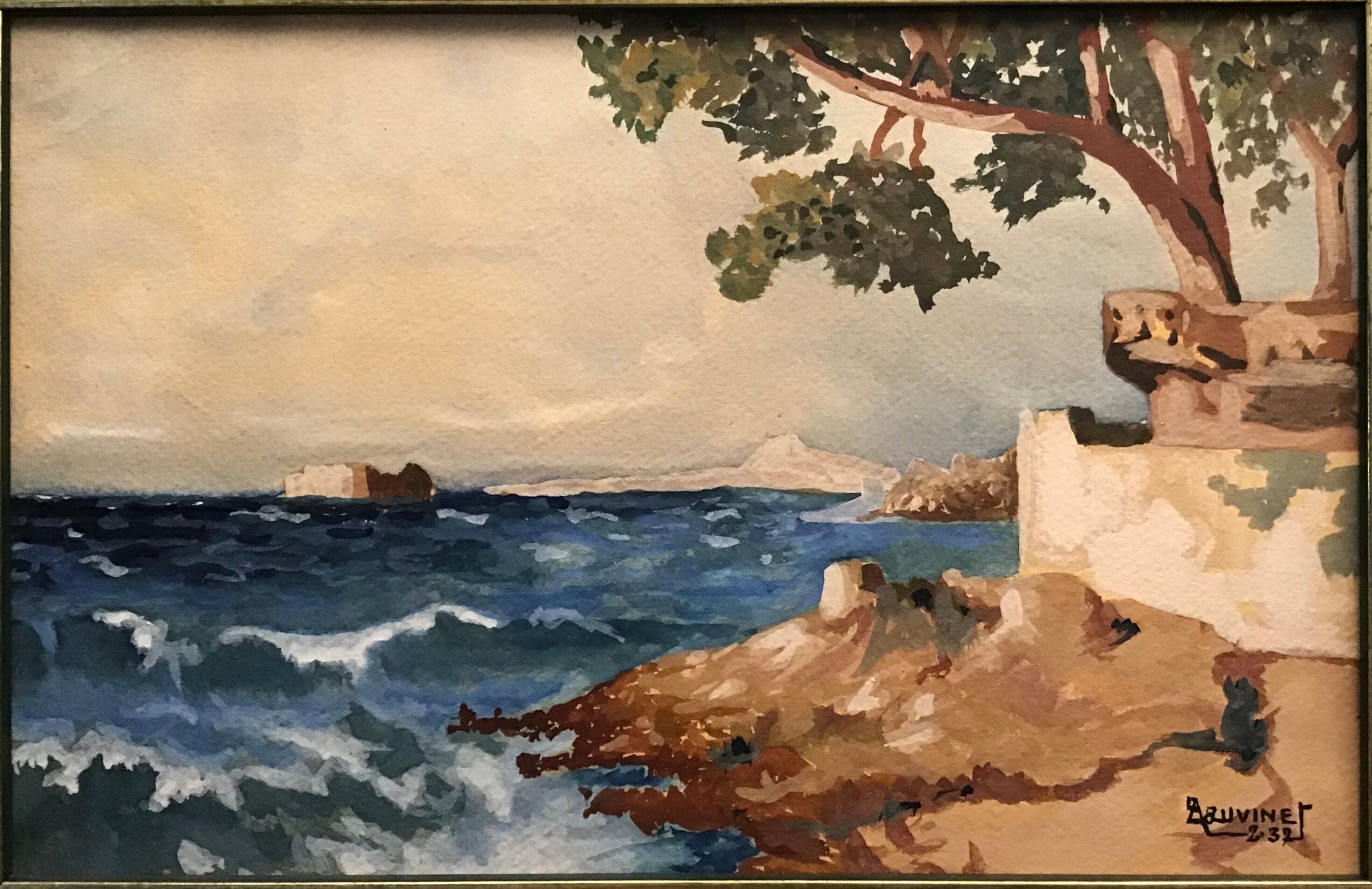 Ancient painting, seaside landscape signed and dated 1932
