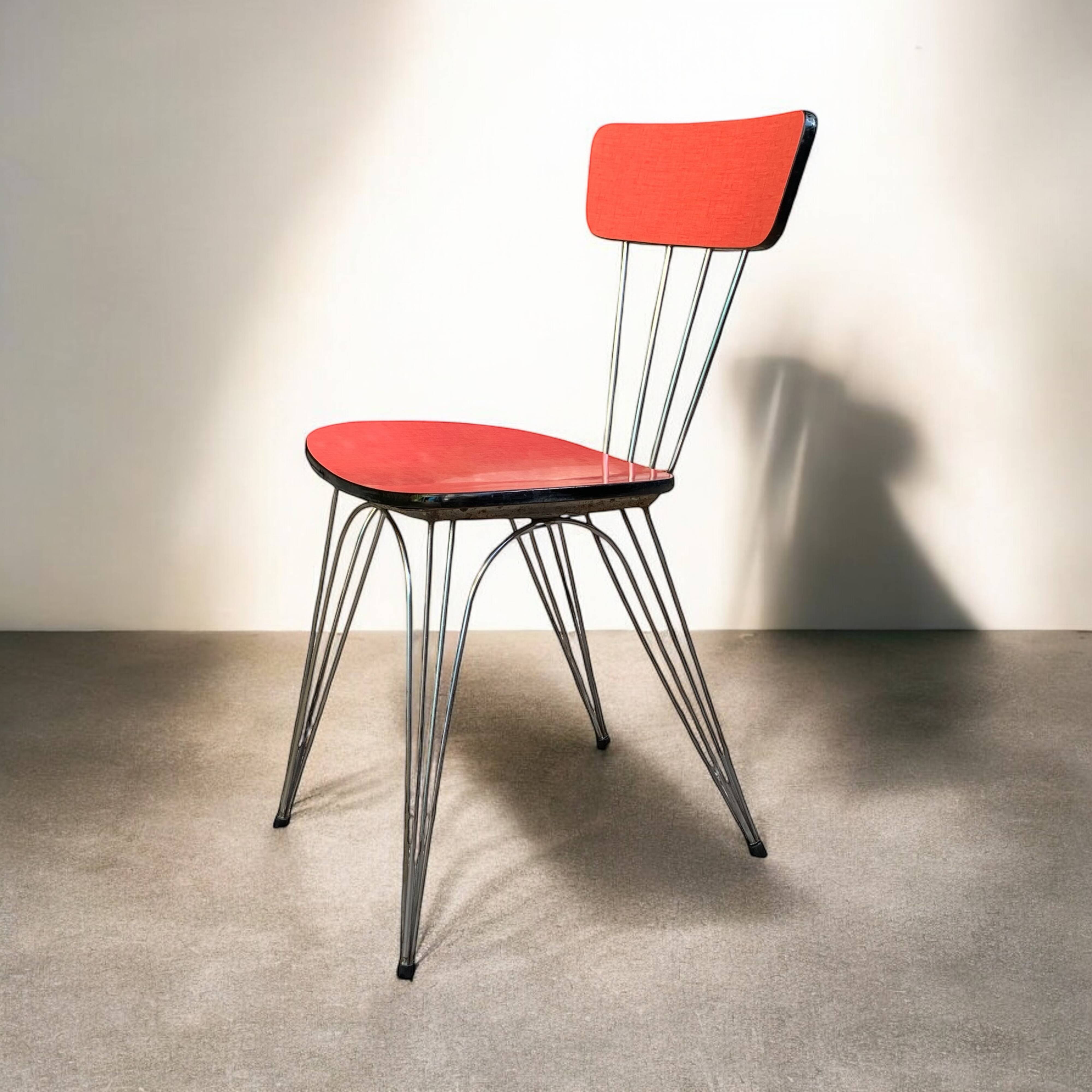 4 red Formica chairs with Eiffel legs, 1950s