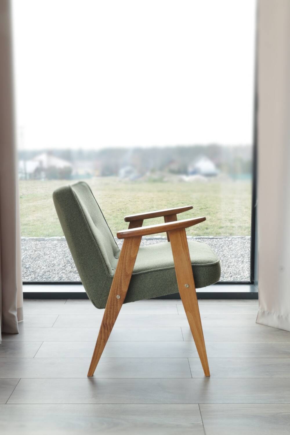 Fauteuil Lounge Vintage Bouclè Cactus, Bois Naturel Design Scandinave