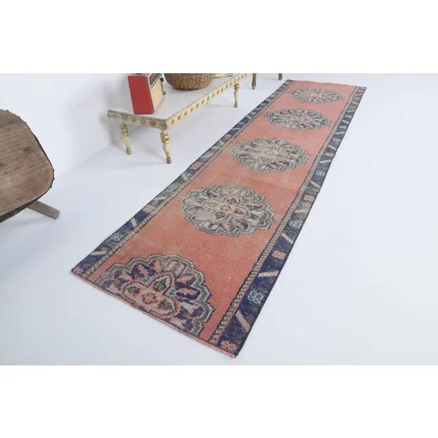 Vintage Turkish Oushak handmade cotton orange wool runner 73x273