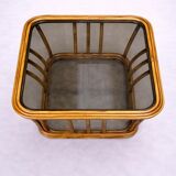 Rattan and smoked glass coffee table, vintage 1970s design.