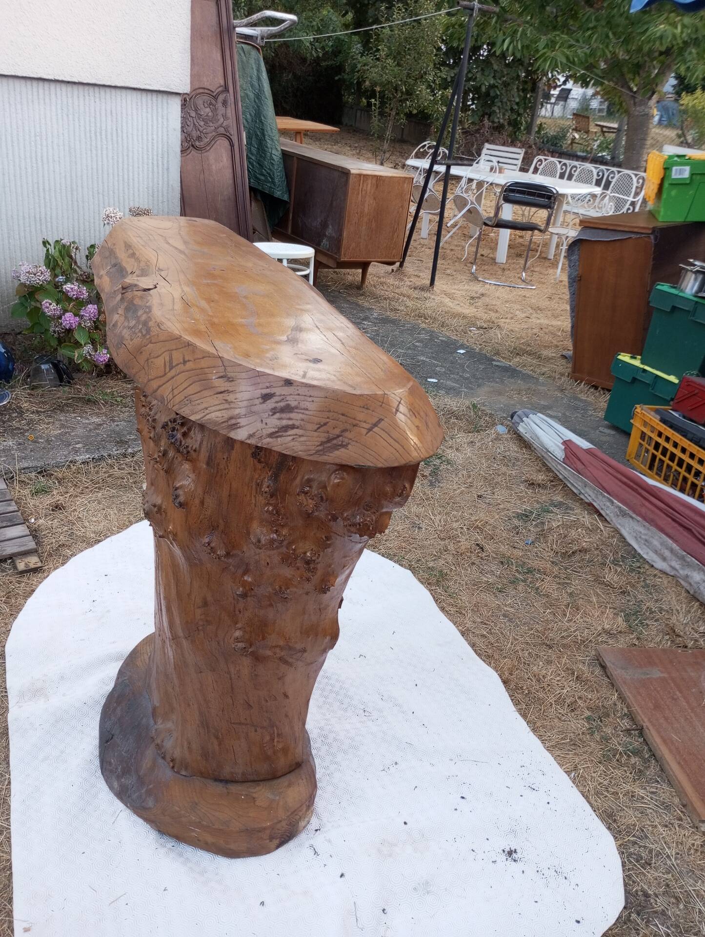 Vintage bar in brutalist style shaped like a tree trunk from the 1970s.