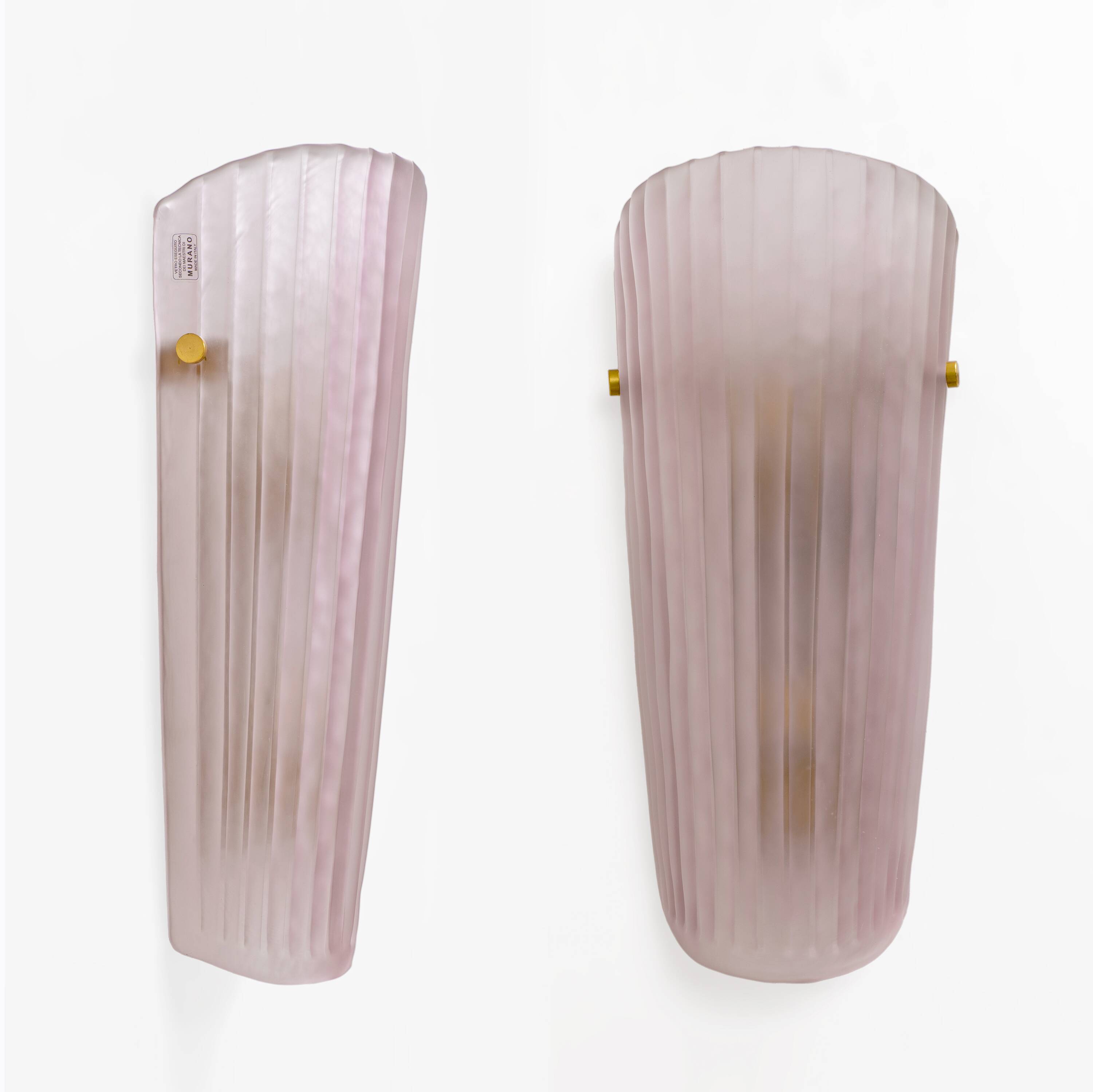 Pair of Murano Glass Wall Sconces in Pink Ribbed Glass and Brass, Italy