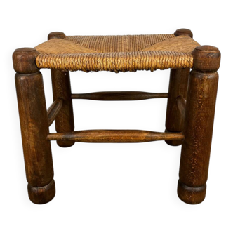 Brutalist stool in the style of Dudouyt, wood and straw.