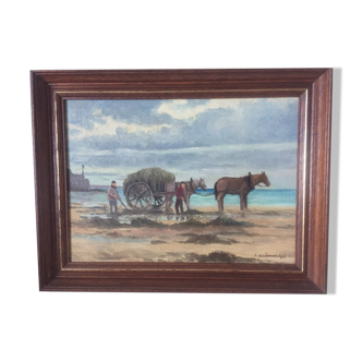Oil on canvas gulls on the large beach of Saint-Malo