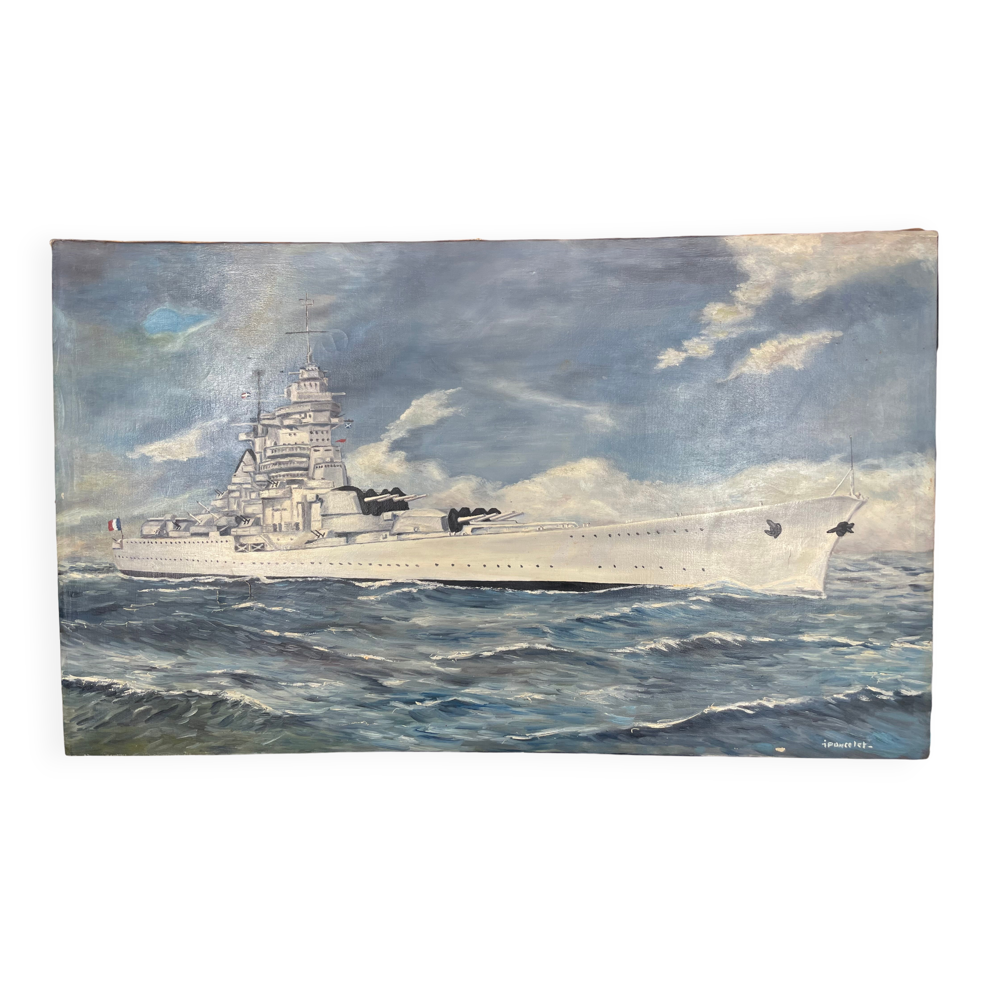 oil on canvas - Marine, Battleship on rough sea, signed Poncelet