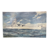 oil on canvas - Marine, Battleship on rough sea, signed Poncelet