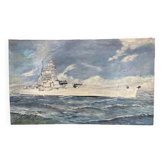 oil on canvas - Marine, Battleship on rough sea, signed Poncelet