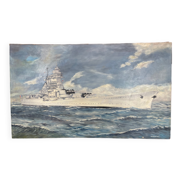 oil on canvas - Marine, Battleship on rough sea, signed Poncelet