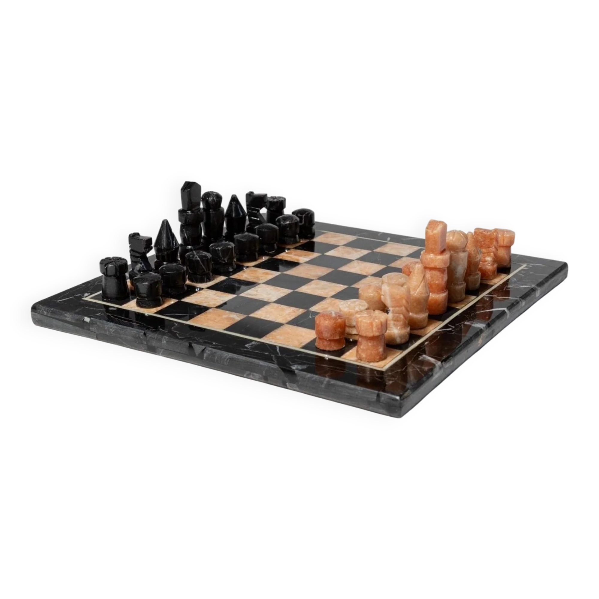 Vintage Peach-and-Black Marble Chessboard with Stone Pieces, Italian 1960s Design – Elegant Gift