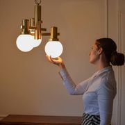 Vintage brass and opaline chandelier, 1970s, in the style of Sciolari.