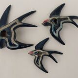 3 iridescent ceramic swallows