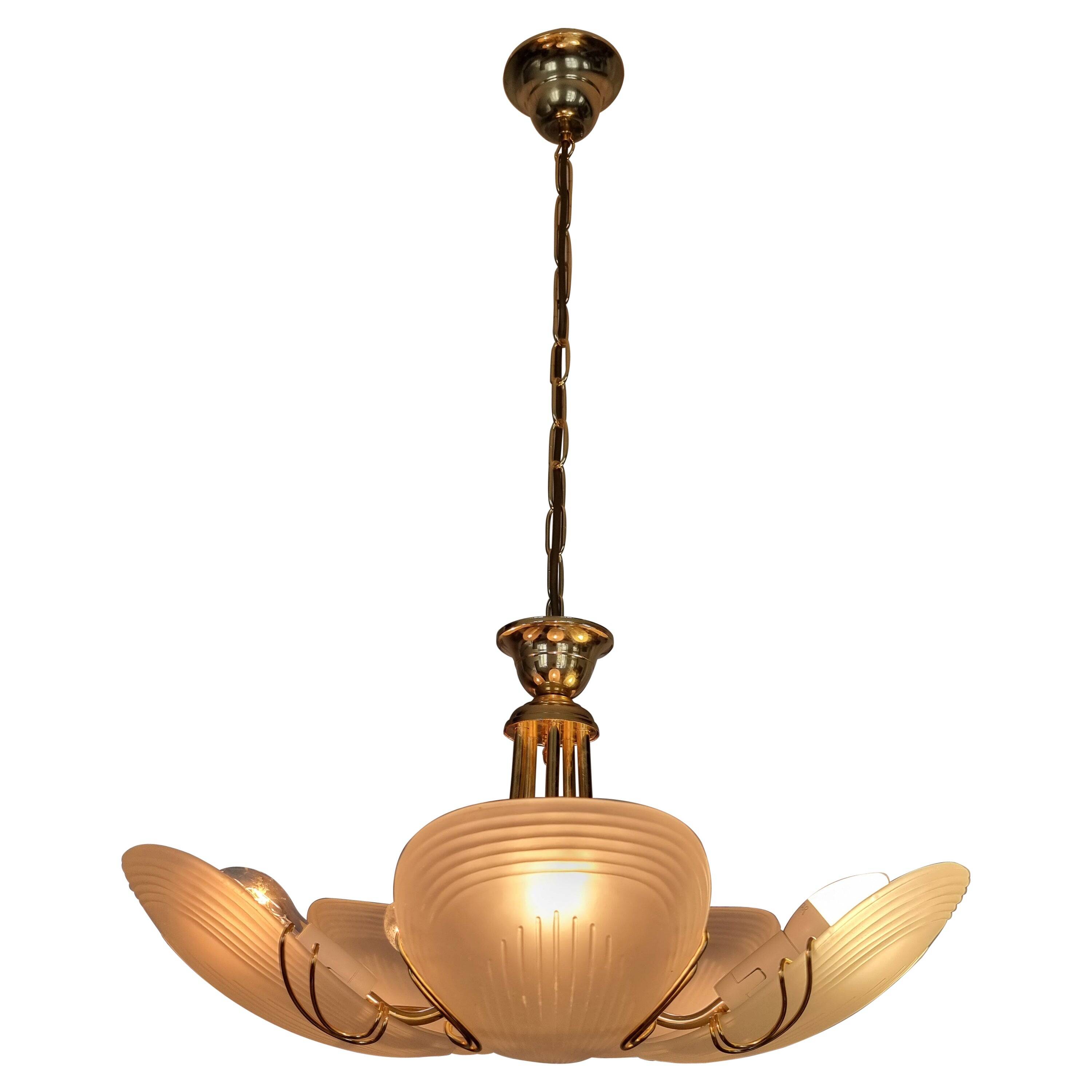 Reijmyre brass pendant with clam-shaped glass, Sweden, 1980s/90s Art Deco style.