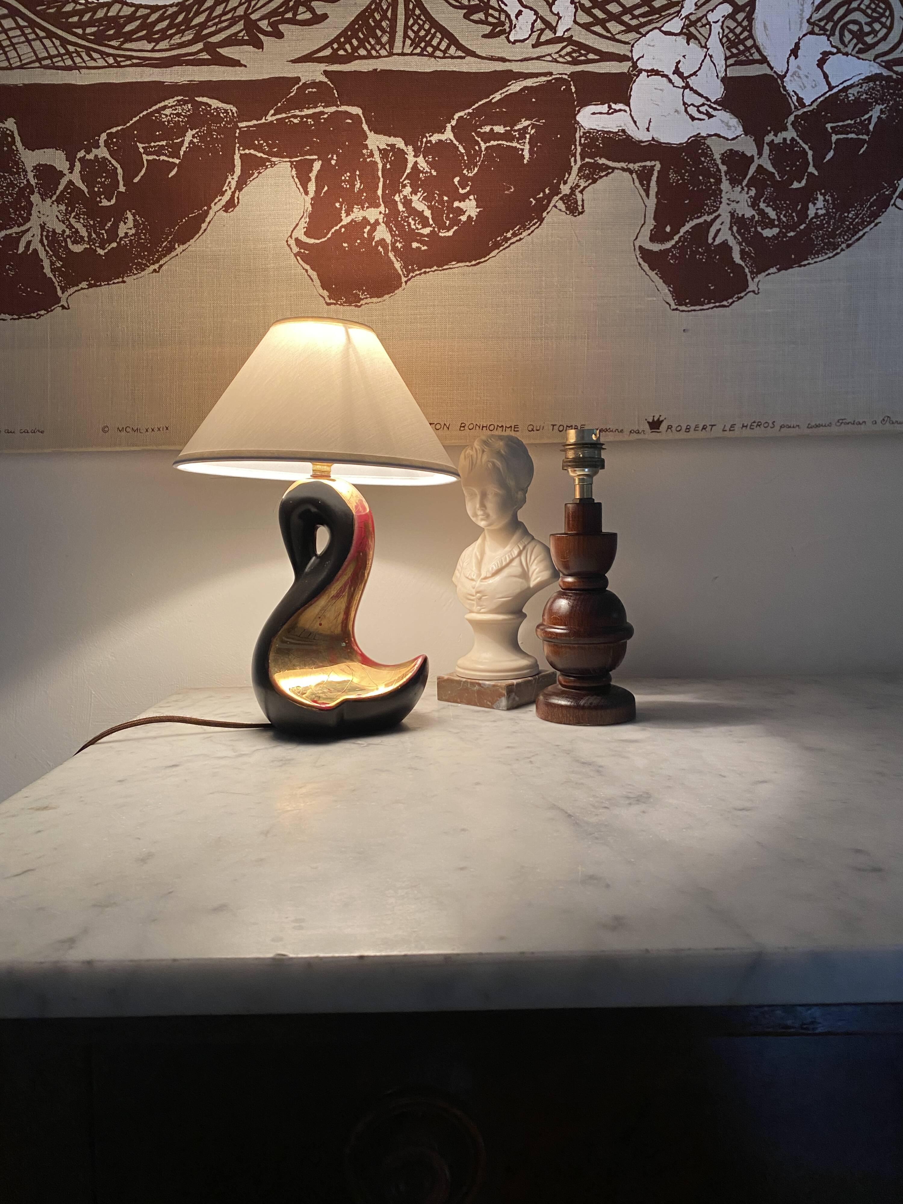 Lampe bois, câble neuf soie, abat-jour neuf