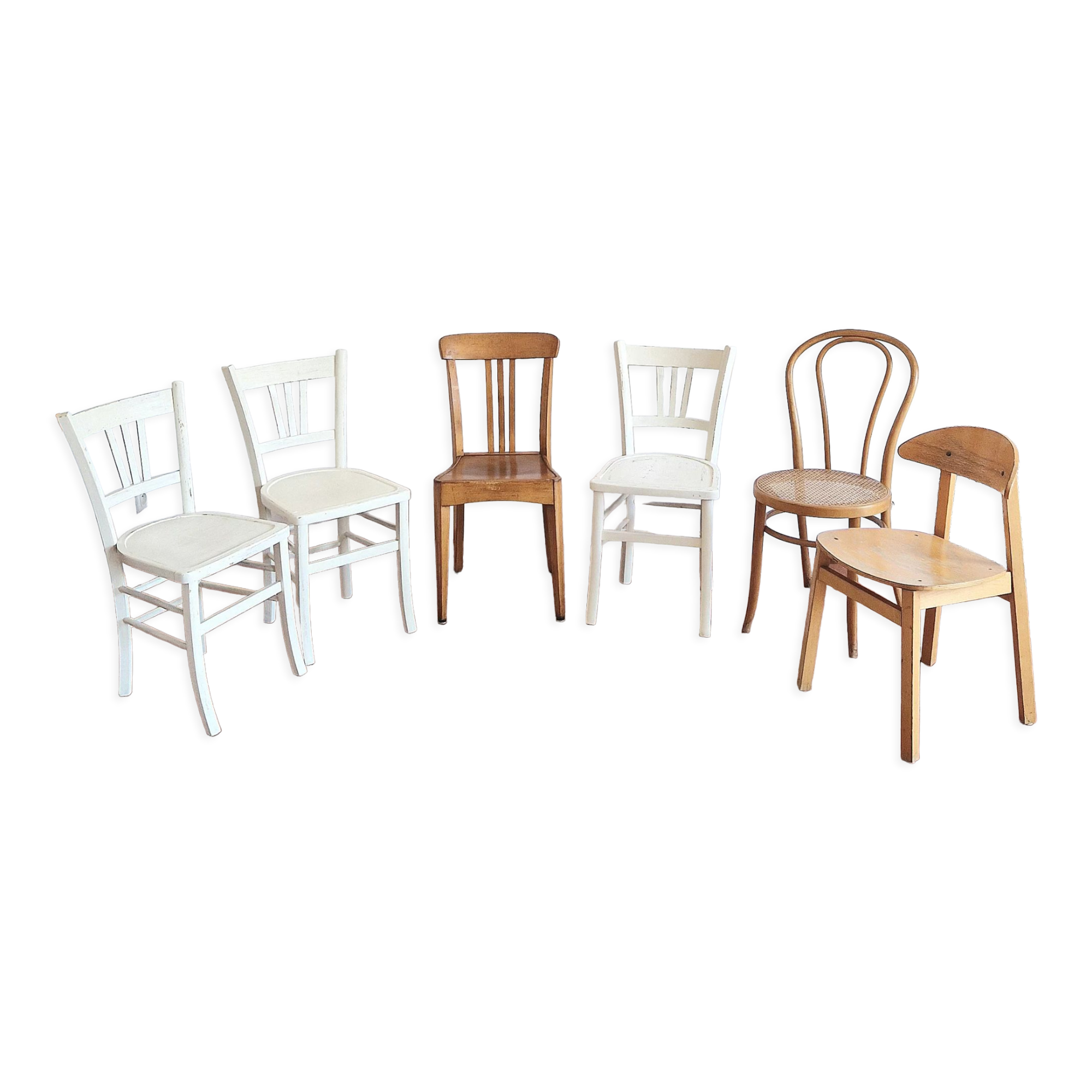 Set of 6 mismatched and patinated chairs